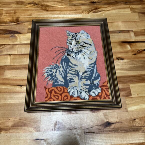 Gray Tabby Cat Framed Needlepoint Peach Background Framed 10x12 Cat Lady Gift - Picture 6 of 11